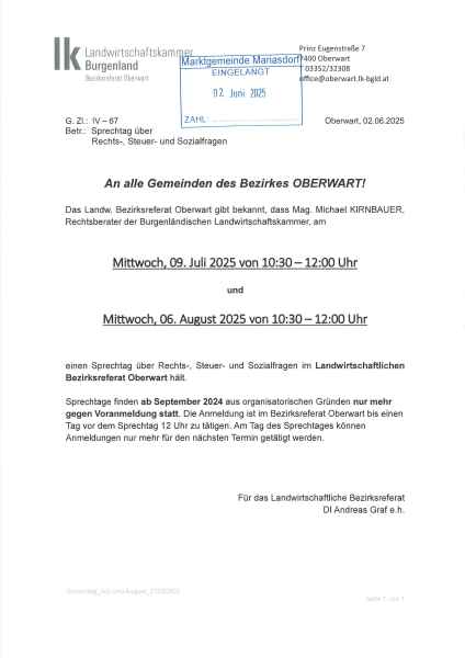 Sprechtage Landwirtschaftliches Bezirksreferat Juli und August
